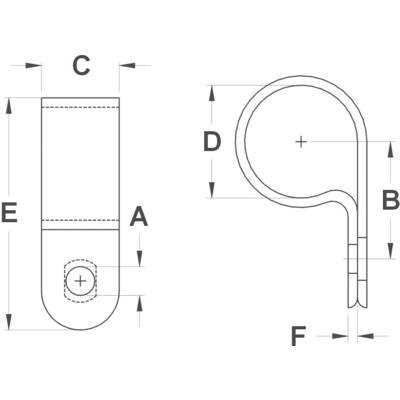 Technische Zeichnung eines U-förmigen Metallhakens mit Bemaßungen A, B, C, D, E und F zur Darstellung der Längen und Breiten der Komponenten.
