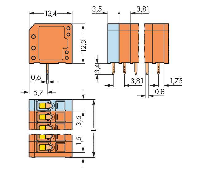 'Technische Zeichnung eines elektronischen Bauteils mit Abmessungen in Millimetern. Zeigt Front- und Seitenansicht des Bauteils.'