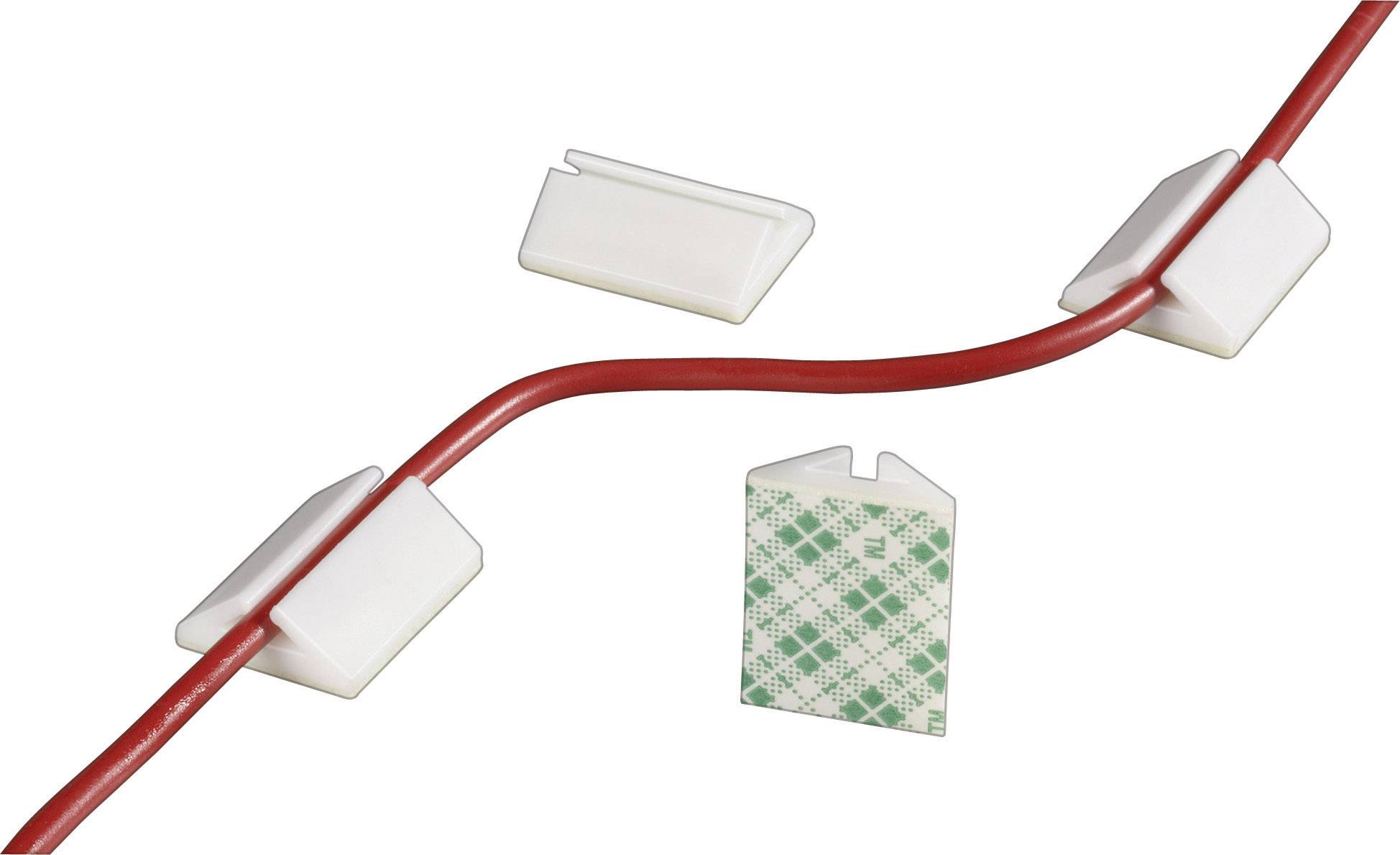 Rotes Kabel wird von weißen Kabelhaltern mit Klebeflächen fixiert. Ein zusätzliches Klebepad ist abgebildet.