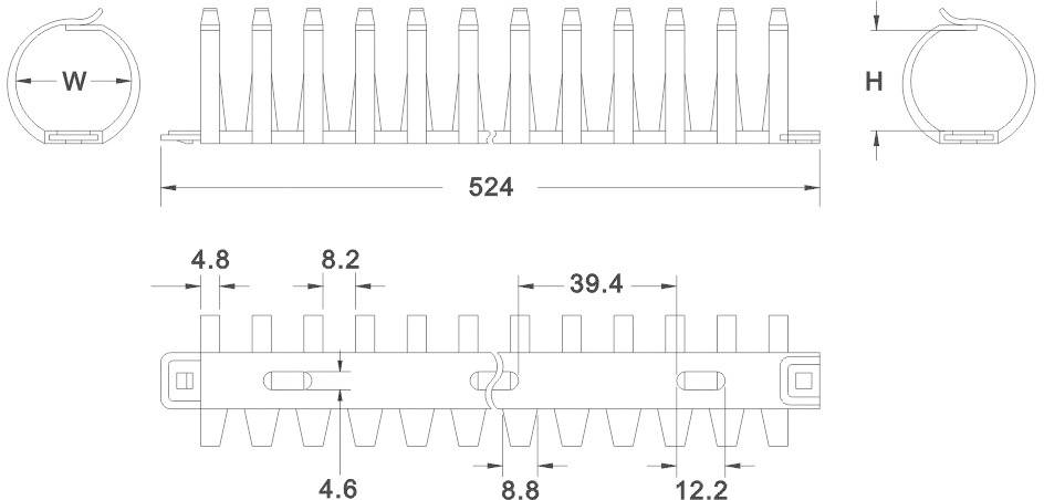 Technische Zeichnung eines Bauteils mit zwei Ansichten: Seitenansicht zeigt Höhe 'H' und Breite 'W', Draufsicht zeigt Länge '524' und Detailmaße.