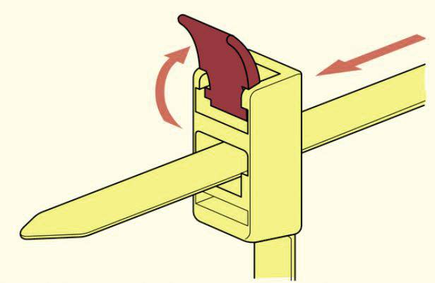 Zeichnung eines Kabelbinders mit Verschlussmechanismus. Ein roter Hebel zeigt die Richtung an, um den Kabelbinder zu lösen.