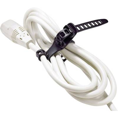 Ein weißes Kabel ist ordentlich mit einem schwarzen Kabelbinder zusammengebunden.