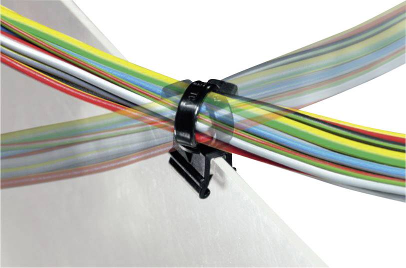 Ein Kabelhalter befestigt bunte Kabel zu einem ordentlichen Strang. Kabel umfassen Rot, Gelb, Grün, Blau und Grau.