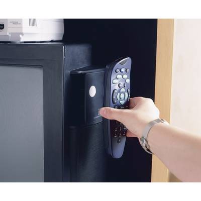 Eine Hand zeigt eine Fernbedienung auf eine schwarze Lautsprecher-Box neben einem Fernseher. Die Szene deutet auf die Steuerung von Audio- oder Video-Geräten hin.