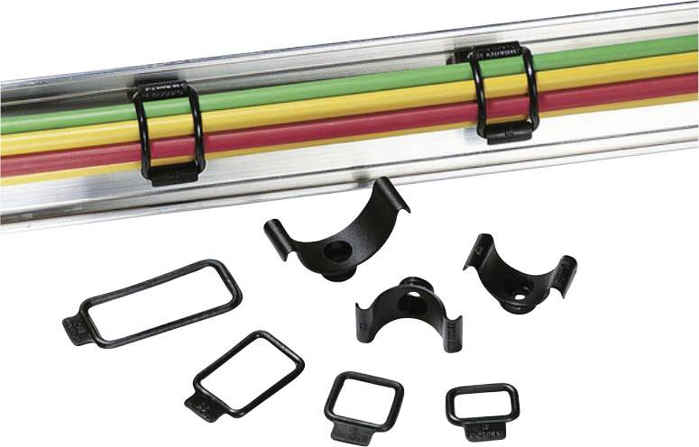 Kabelhalterungen auf Metallschiene fixieren bunte Kabel. Verschiedene schwarze Halterungsformen liegen daneben.