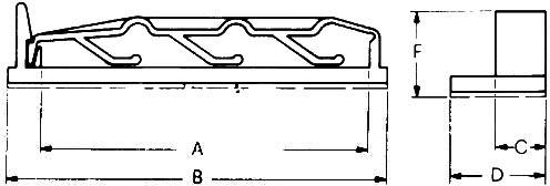 Technische Zeichnung eines Bauteils mit Seiten- und Vorderansicht. Die Maße A, B, C, D und F sind markiert, aber nicht spezifiziert.