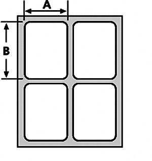 Diagramm einer rechteckigen Form mit vier gleichgroßen Innenfeldern, bezeichnet mit 'A' oben und 'B' links, für Maße.