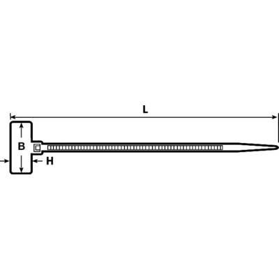 Diagramm eines Kabelbinders mit den Maßen L, B und H gekennzeichnet.
