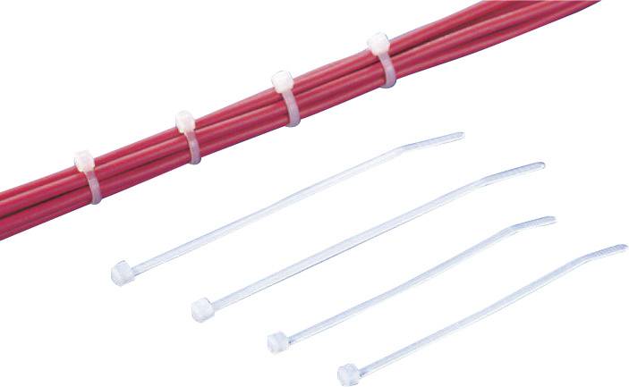 Rote Kabel werden mit weißen Kabelbindern gebündelt. Vier einzelne Kabelbinder liegen daneben.