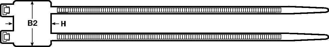 Diagramm eines doppelseitigen Spannverschlusses mit markierten Bereichen: 'B2' für Breite, 'H' für Höhe.