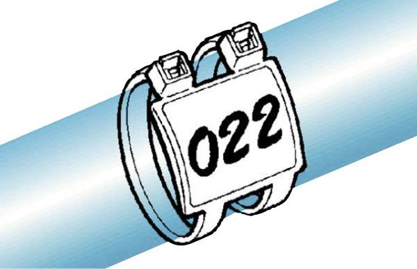 Rohrmarkierung mit der Zahl '022', die um ein blaues Rohr befestigt ist.