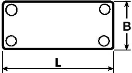 Rechteckiges Bauteil mit vier Ecken und Löchern. Länge (L) und Breite (B) sind angegeben.