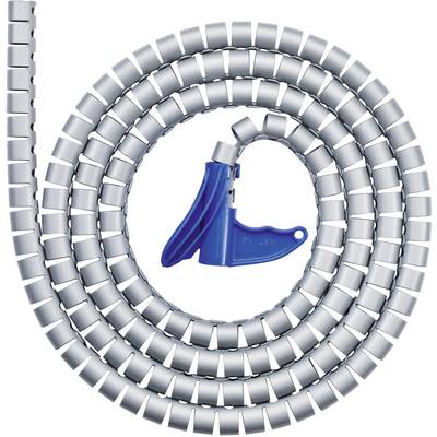 Ein silberner Kabelschlauch, spiralförmig angeordnet, mit einem blauen Schneidewerkzeug in der Mitte. Ideal zur Kabelorganisation.