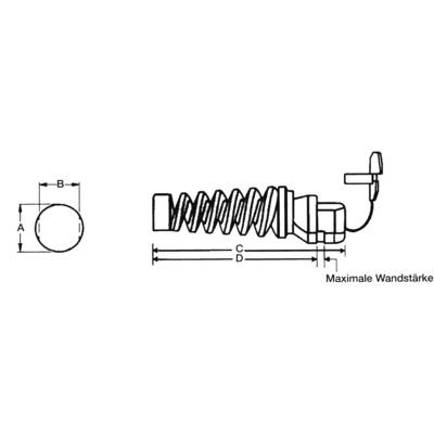 Federmechanismus mit Beschriftungen 'A', 'B', 'C' und 'D', zeigt Maße und maximale Wandstärke. Diagramm zur technischen Veranschaulichung.