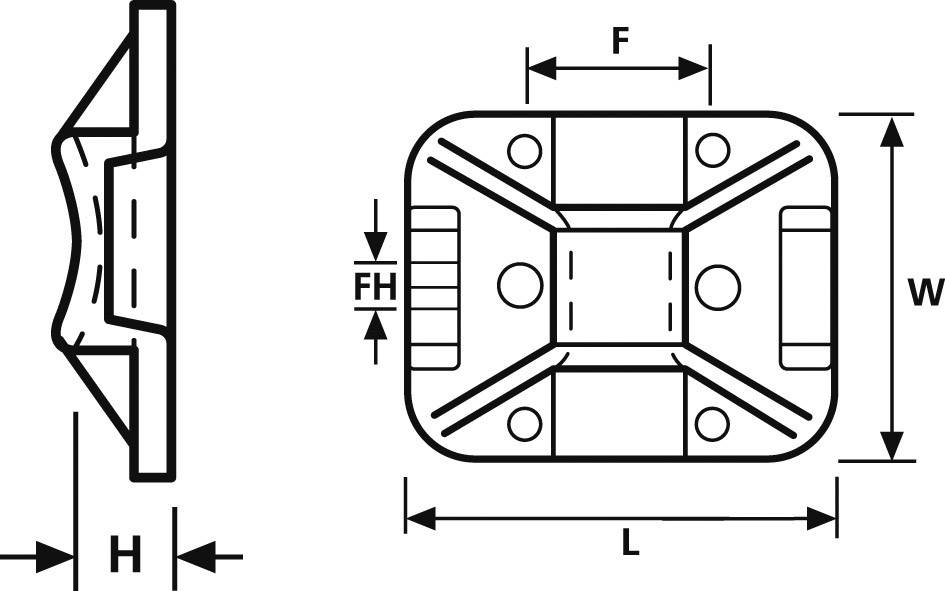 Technische Zeichnung eines rechteckigen Bauteils mit Maßen 'L', 'W', 'H', 'F', und 'FH' gekennzeichnet; Seiten- und Draufsicht.