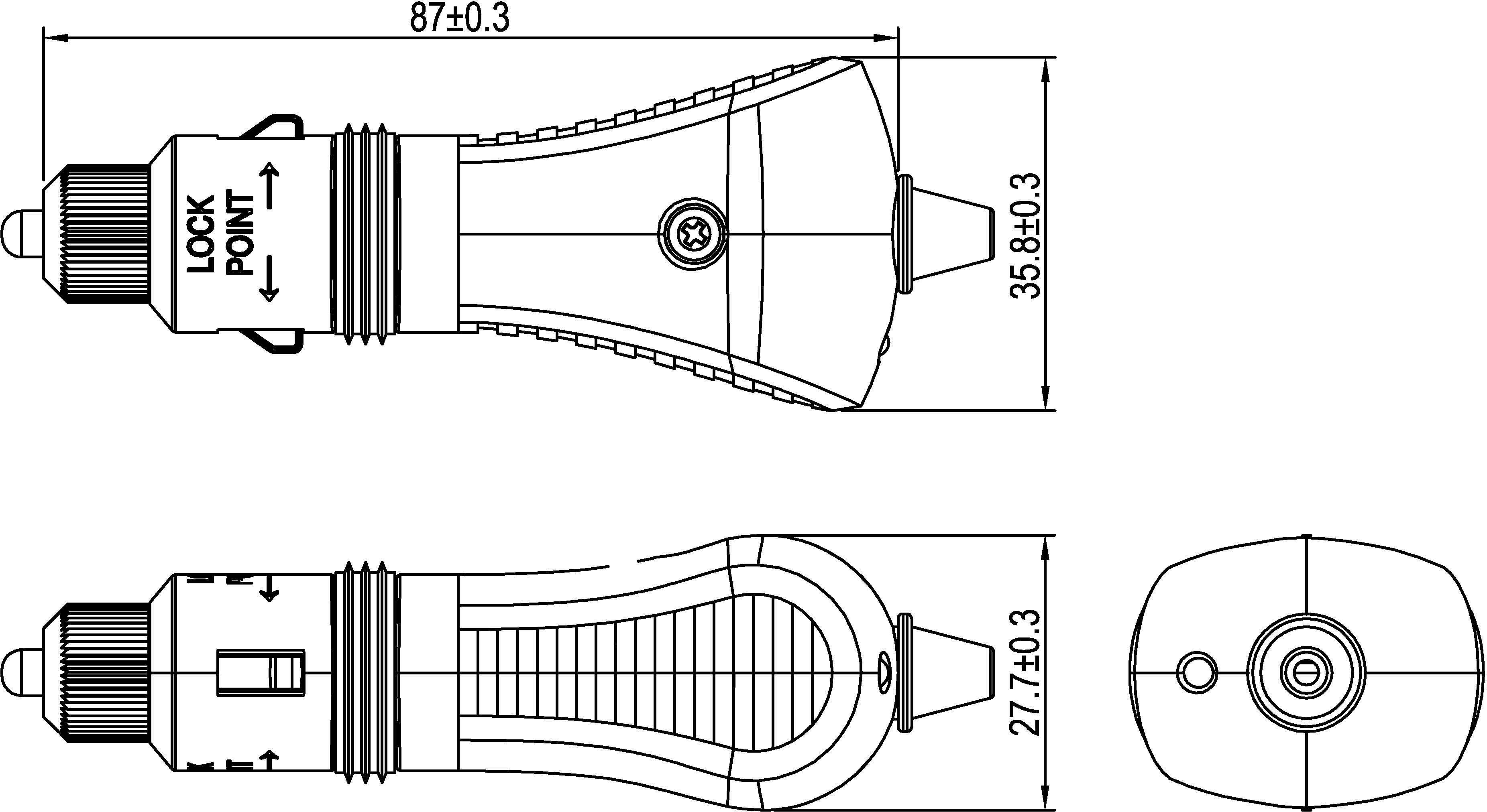 Technische Zeichnung einer Schraubverschluss-Skizze. Ansichten von oben, Seite und unten mit Maßen in Millimetern.