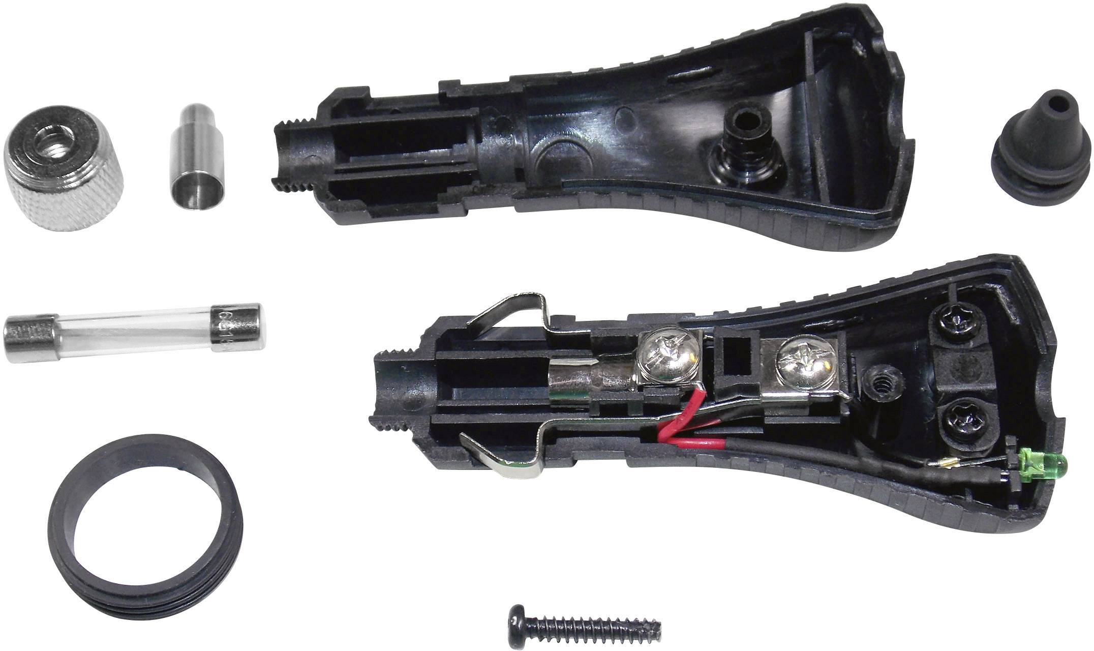 Geöffnete schwarze Kunststoffgehäuse eines elektrischen Steckverbinders, umgeben von Schraube, Dichtungen und Metallkontakten.