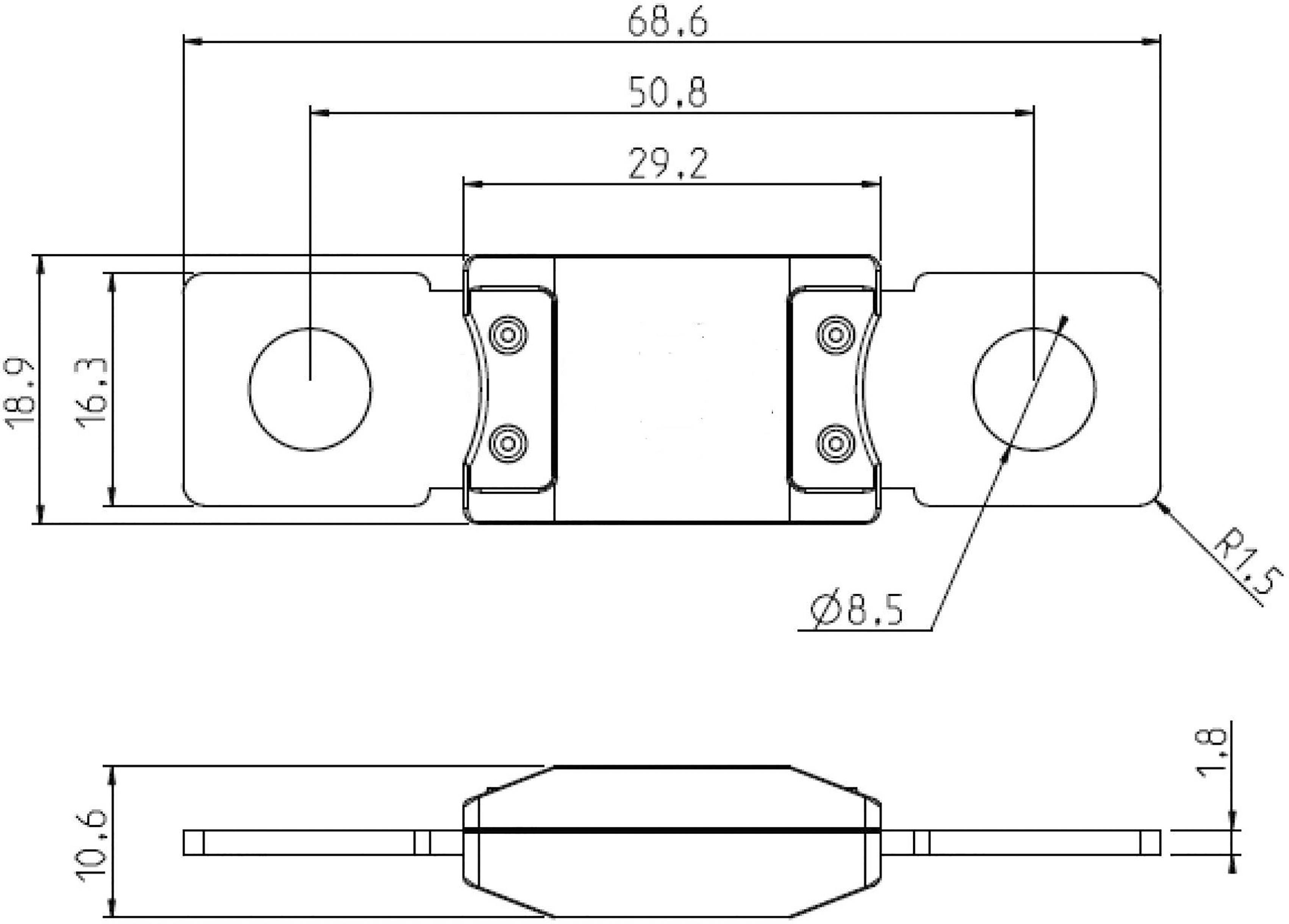 Technische Zeichnung eines elektronischen Bauteils mit Maßen in Millimetern. Detaillierte Abbildung zeigt Loch- und Längenangaben.