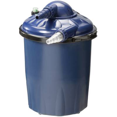 Blauer Teichfilter mit abnehmbaren Schläuchen und verschließbarem Deckel, geeignet zur Wasseraufbereitung in Gartenteichen.
