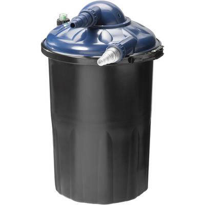 Schwarzer Teichfilter mit blauem Deckel und drei Anschlüssen, verwendet zum Reinigen von Gartenteichen, hilft Wasser sauber zu halten.