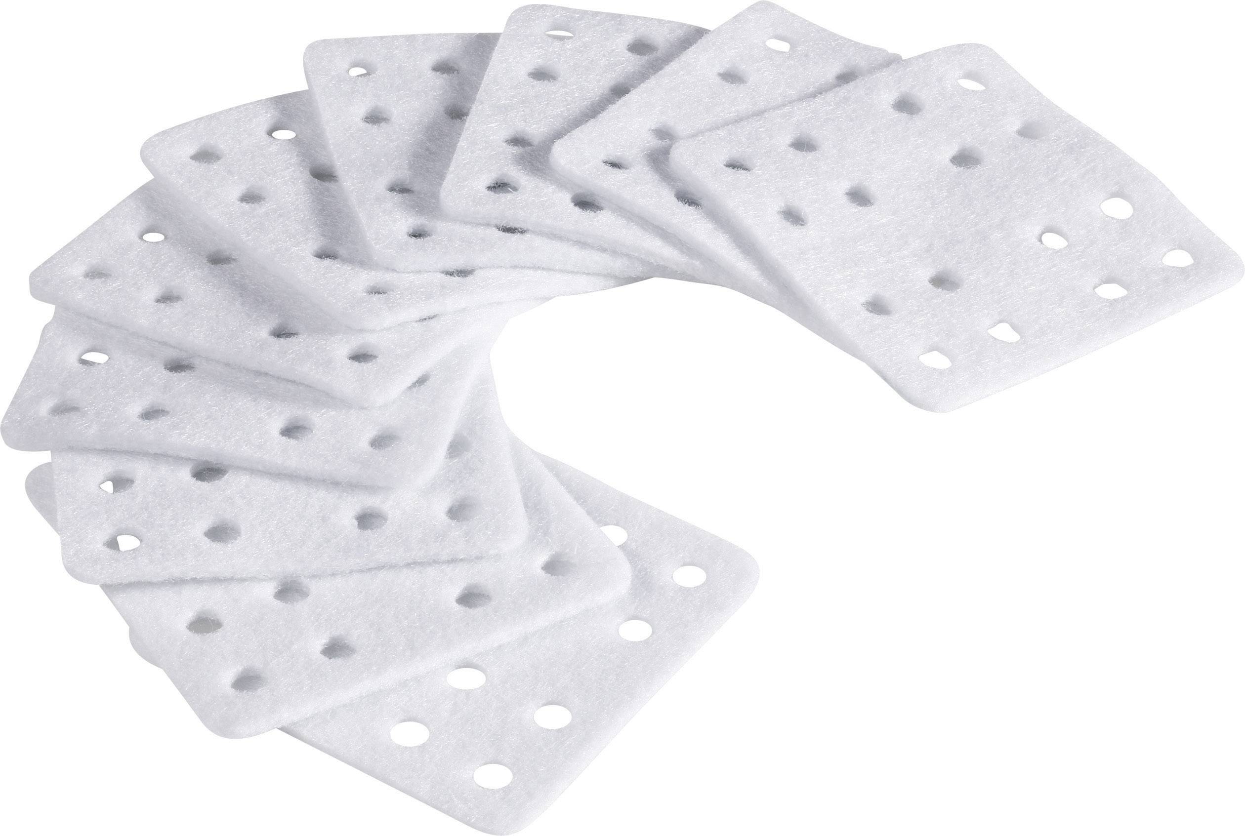 Weiße, quadratische Pads mit runden Löchern, fächerförmig angeordnet. Sie wirken wie Filter oder Einsätze für industrielle Anwendungen.