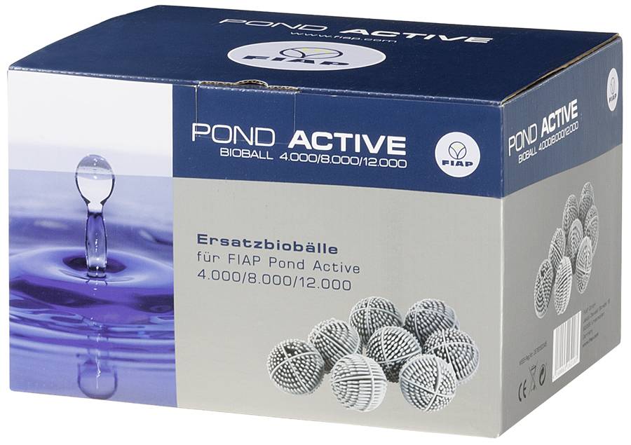Verpackung einer Ersatzbiobälle-Box der Marke FIAP 'Pond Active', zeigt Wassertröpfen auf der Vorderseite und Biobälle im rechten Bildbereich.