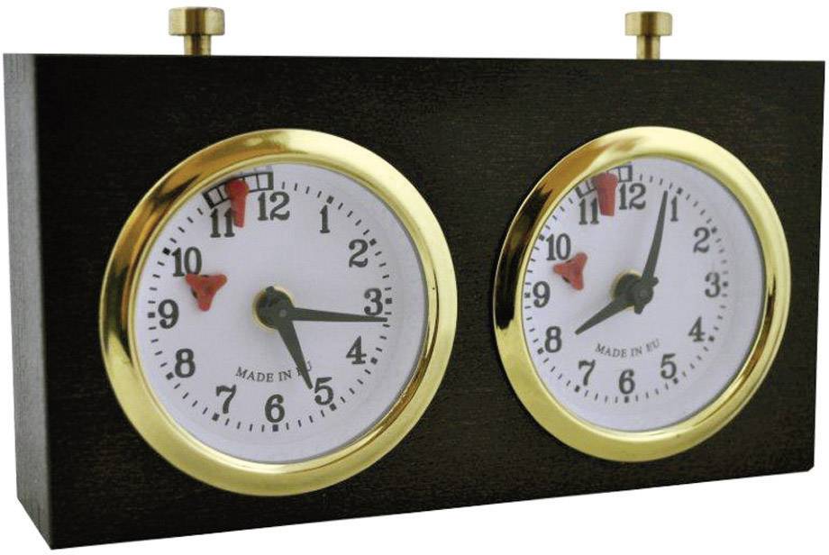 Zwei Schachuhren nebeneinander, beide mit goldenen Rahmen. Eine zeigt 10:10 Uhr, die andere 8:07 Uhr. Sie haben rote Zeiger für Sekunden.