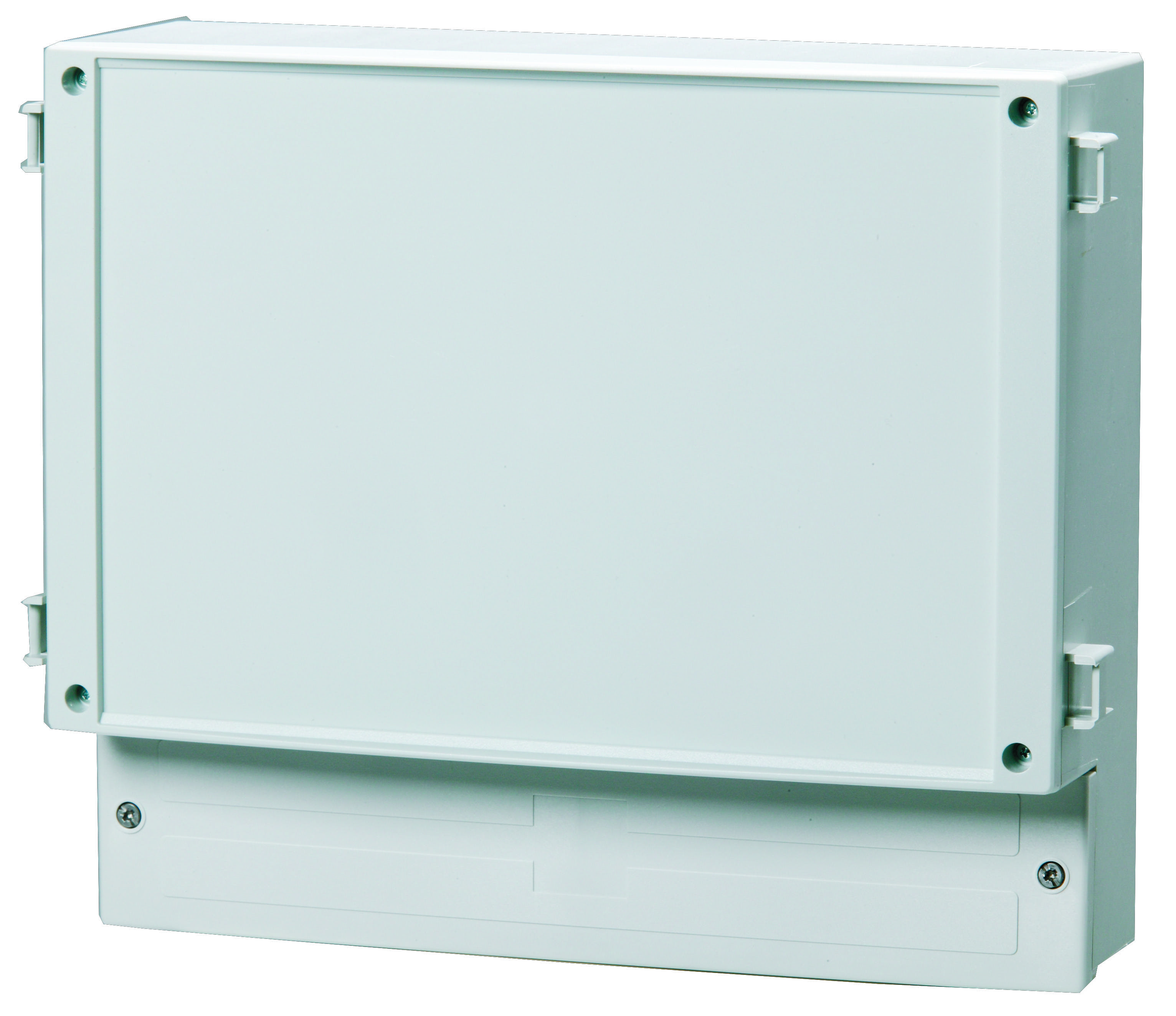 Ein rechteckiges, weißes Kunststoffgehäuse, das an Wänden für elektrische oder technische Installationen verwendet wird.