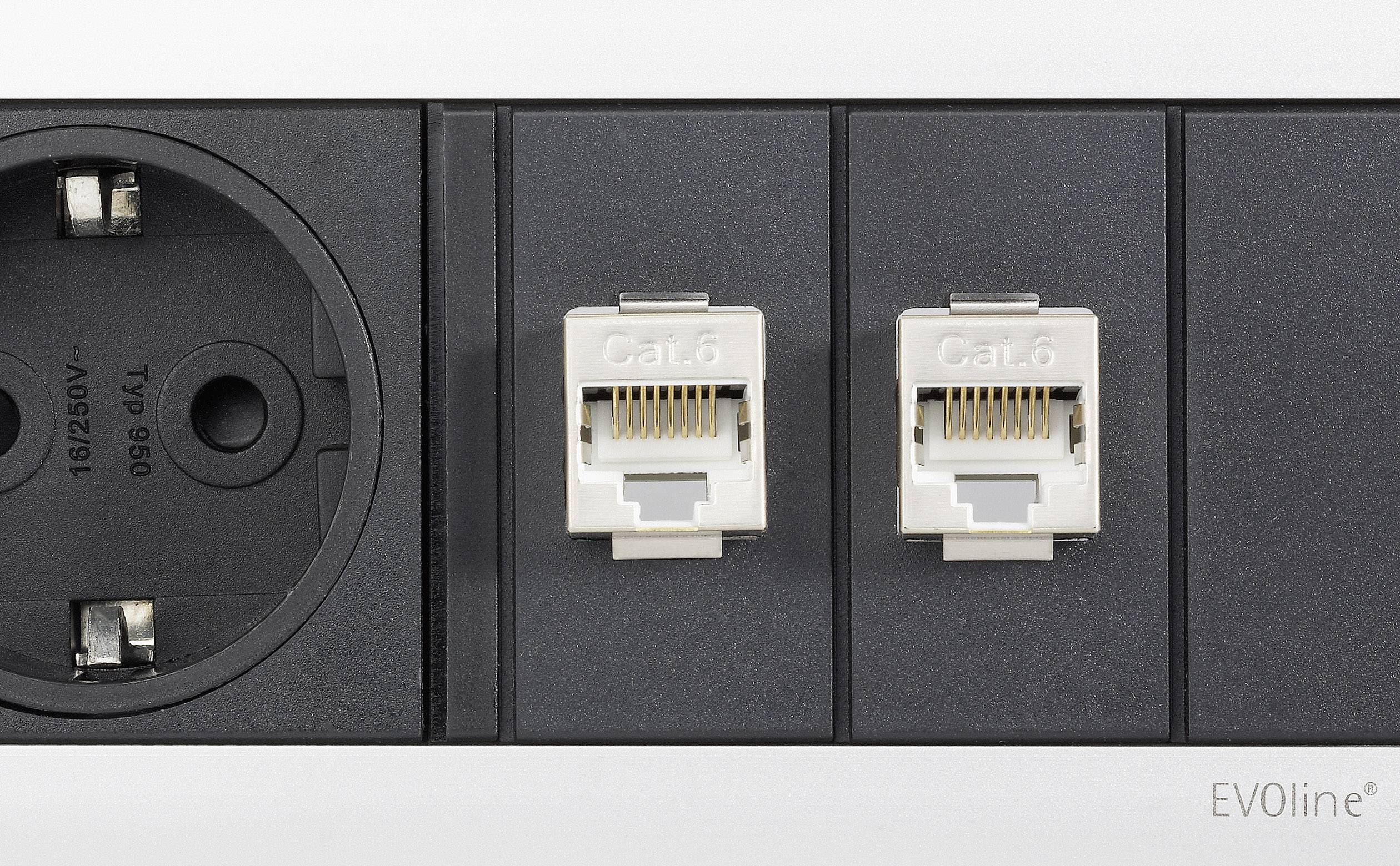 Eine Steckdosenleiste mit einer Schuko-Steckdose links und zwei Cat-6-Netzwerkanschlüssen rechts. Links unten steht '250V'.