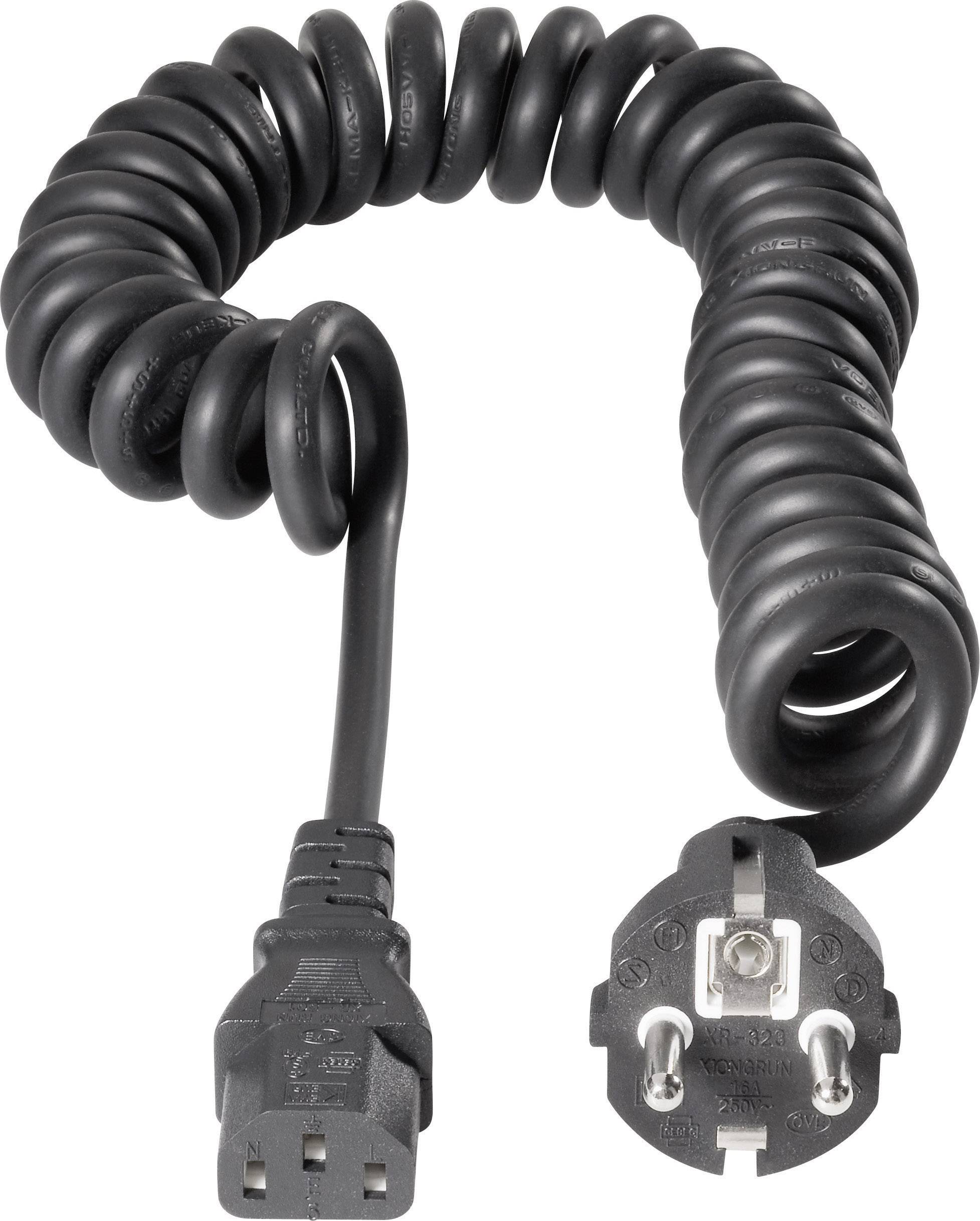 Schwarzes Spiralkabel mit einem dreipoligen Stecker an einem Ende und einem zweipoligen Schuko-Stecker am anderen Ende.
