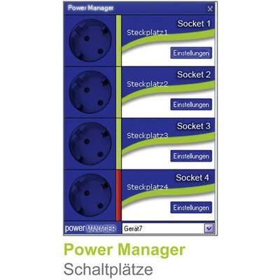 'Power Manager' Interface mit vier Steckplätzen zur Stromverwaltung. Jeder Steckplatz zeigt einen Ein/Aus-Knopf und Einstellungsoptionen.