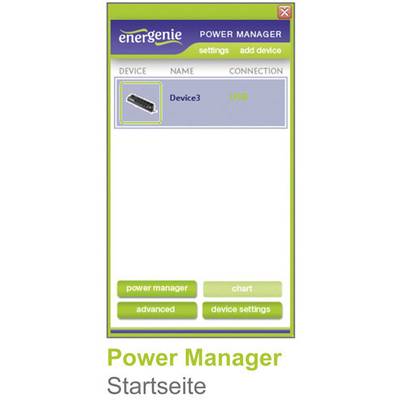 'Power Manager' Anwendungsfenster zeigt ein verbundenes Gerät namens 'Device3' mit USB-Verbindung. Optionen: Diagramm, Einstellungen.