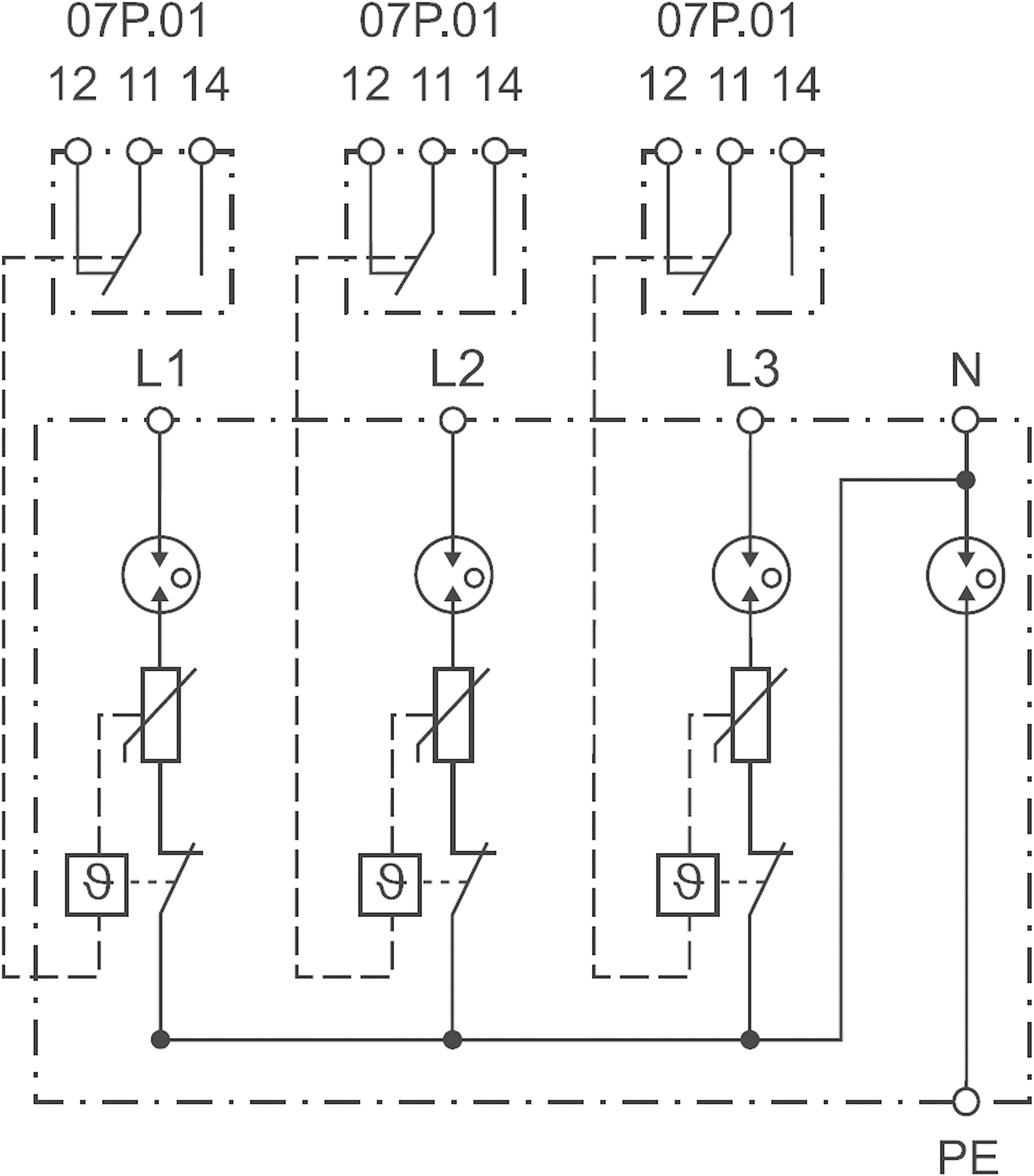 Stromschaltplan mit drei parallelen Stromkreisen, jeweils mit Schaltern, Sicherungen und Anschlussstellen, gekennzeichnet mit L1, L2, L3.