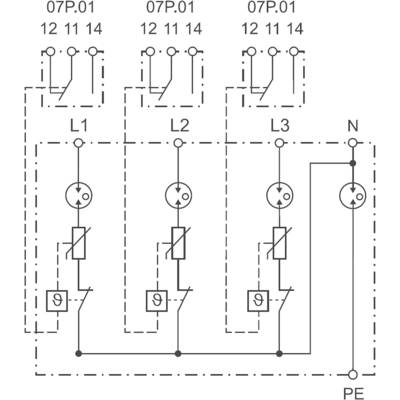 Stromschaltplan mit drei parallelen Stromkreisen, jeweils mit Schaltern, Sicherungen und Anschlussstellen, gekennzeichnet mit L1, L2, L3.