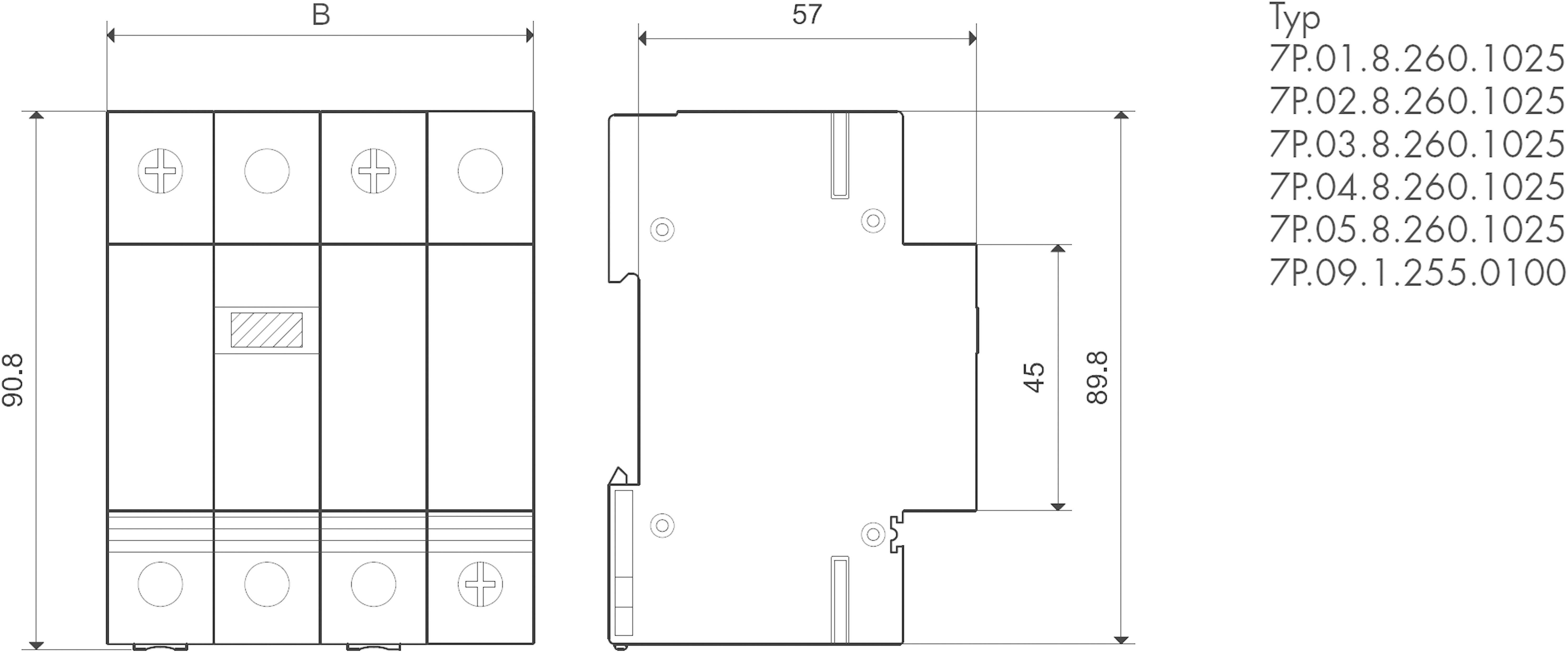 Technische Zeichnung eines elektrischen Schalters mit Abmessungen 90,8 mm x 89,8 mm x 57 mm. Typnummern aufgelistet rechts.