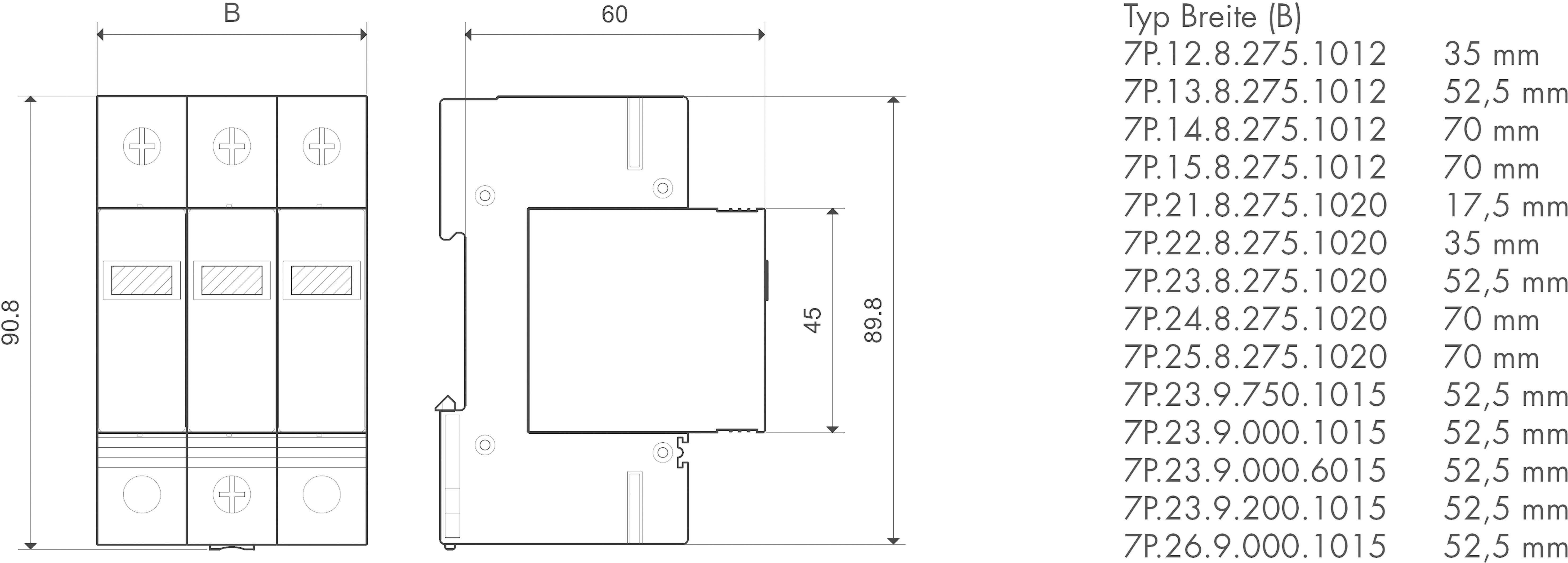 Diagramm zeigt die Breiten verschiedener Schütztklemmensets. Links: Draufsicht und Seitenansicht. Rechts: Liste mit Typ und Breitenangaben.