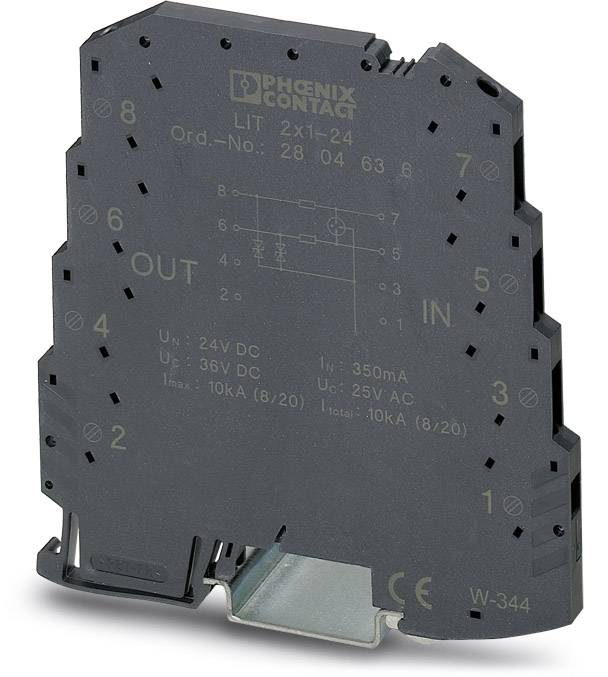 Elektronisches Gerät von Phoenix Contact mit Schaltplan und technischen Spezifikationen bedruckt, verwendet für Stromverteilung.