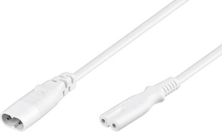 Weißes Verlängerungskabel mit C7-Netzbuchse an einem Ende und C8-Steckdose am anderen Ende.