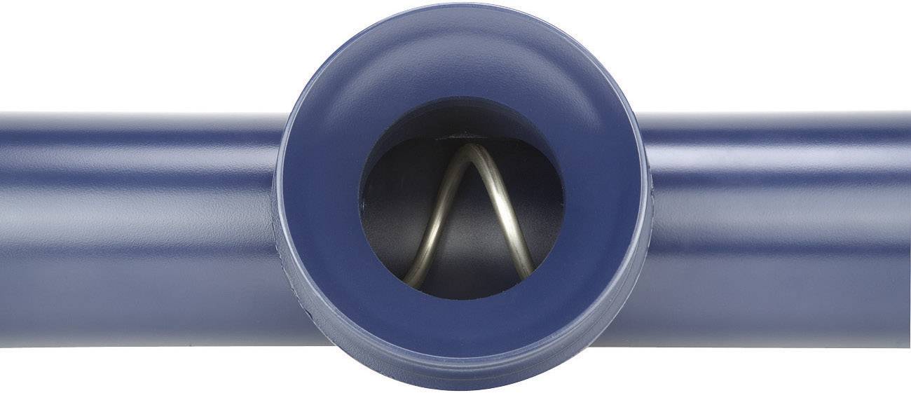 Ein blaues Rohr mit einer Rundung ist abgebildet. Es zeigt eine offene Mitte, durch die ein spiralförmiges Element sichtbar ist.