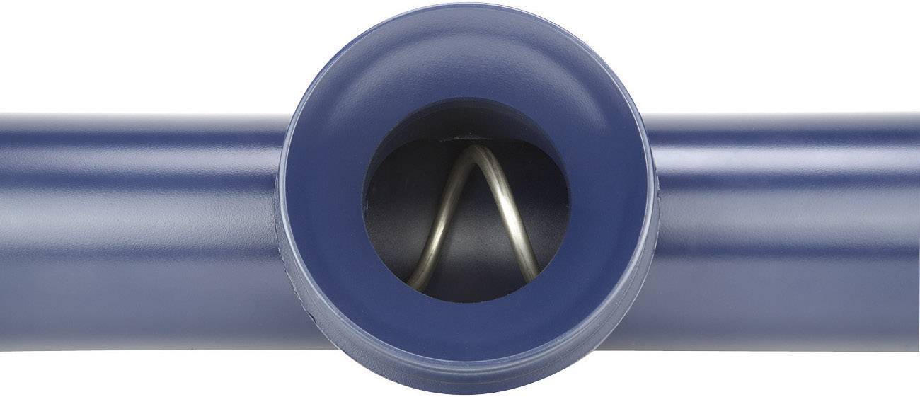 Nahaufnahme eines blauen Rohres mit einem inneren Klingenmechanismus, der für industrielle Schneide- oder Verarbeitungszwecke verwendet wird.