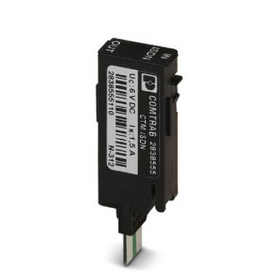 Ein schwarzes elektronisches Bauteil mit der Aufschrift 'COMTRAB', Modellnummer UC-6 VDC. Es hat mehrere Anschlüsse und ein Etikett mit technischen Details.