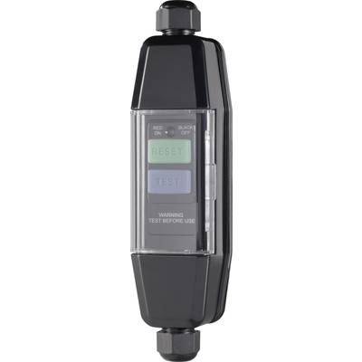 Ein schwarzes elektrisches Prüfgerät mit zwei Tasten: 'RESET' in grün und 'TEST' in blau. Text auf dem Gerät: 'WARNING TEST BEFORE USE'.