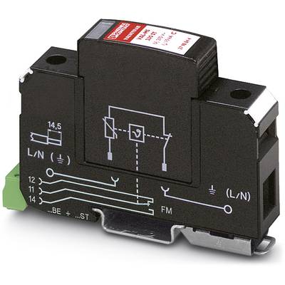 Ein Überspannungsschutzgerät mit Schaltplan. Markierungen zeigen elektrische Anschlüsse und Funktionen für den Schutz elektronischer Geräte.