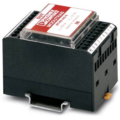 'Schwarzes Phoenix Contact MODUTRAB MRS 8861S-Schutzmodul mit rotem Beschriftungsschild auf der Oberseite und DIN-Schienenmontage.'