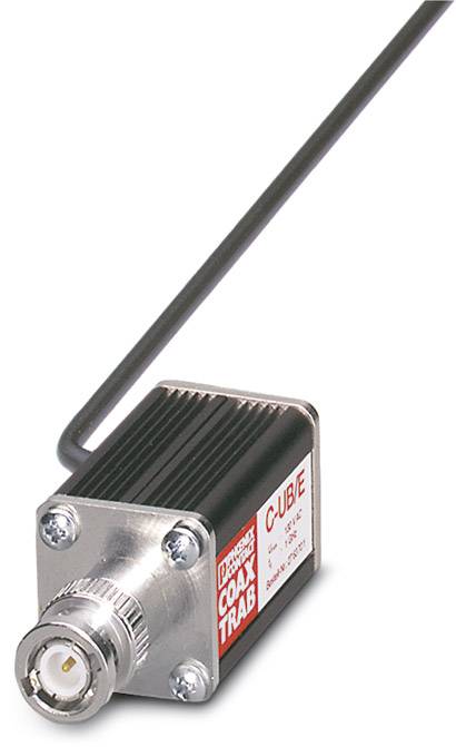 Ein schwarzer Coaxialstecker mit BNC-Anschluss und Kabel, beschriftet mit 'COAX CUBE TRAB'. Gerät zur Signalübertragung.