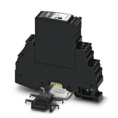Schwarzes elektronisches Bauelement mit Stecker und Metallklemme, montiert auf einer DIN-Schiene zur Schaltschrankinstallation.