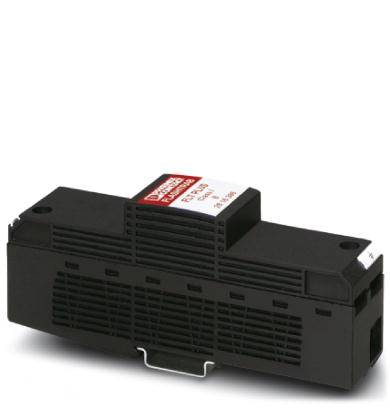 Ein schwarzer elektrischer Adapter mit Aufschrift 'Phoenix Contact' auf weißem Etikett. Adapter für DIN-Schienenmontage.