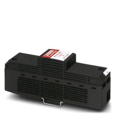 Ein schwarzer elektrischer Adapter mit Aufschrift 'Phoenix Contact' auf weißem Etikett. Adapter für DIN-Schienenmontage.