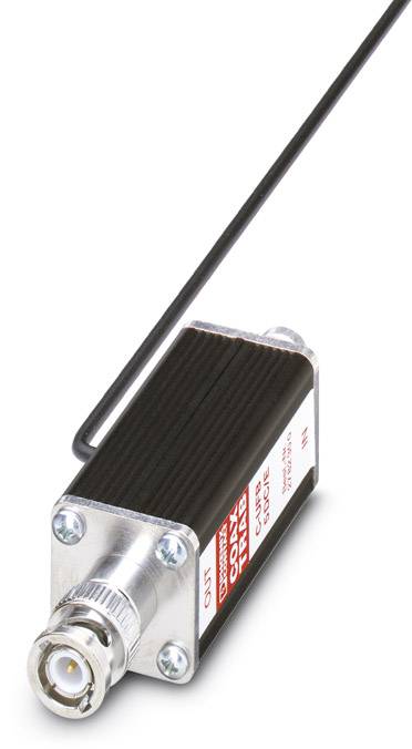 Ein kleines, rechteckiges elektronisches Gerät mit Anschlussbuchse und Antenne, vermutlich ein Signalempfänger oder Sender.