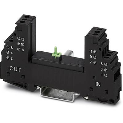 Elektronisches Gerät mit 'IN' und 'OUT' Anschlüssen, numerierten Kontaktpunkten und grünem Hebel in der Mitte. Geeignet für DIN-Schienen.
